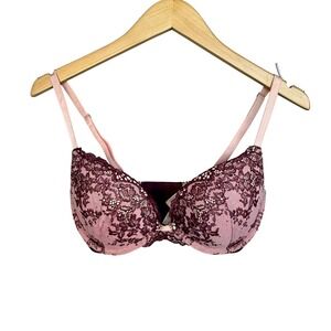 Victoria's Secret Pink Plum Lace Push Up Plunge Bra‎ 32DD Rhinestones Sheer